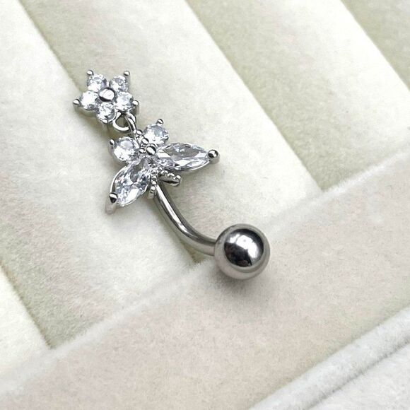 316L Stainless Steel with Diamond Cubic Zirconia Flower and Butterfly Belly Ring - Picture 5 of 7